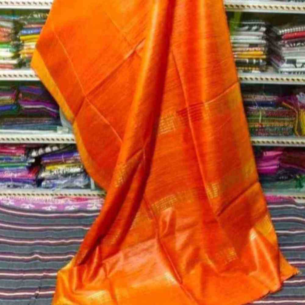 Tussar Ghicha Saree with Jari Border in Single Dye Orange